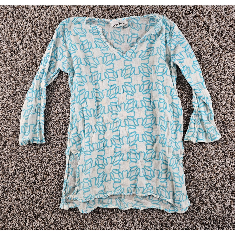 Lexi York Girls Sz S Long Sleeve Tunic Top Bright Blue White Floral Gauzy